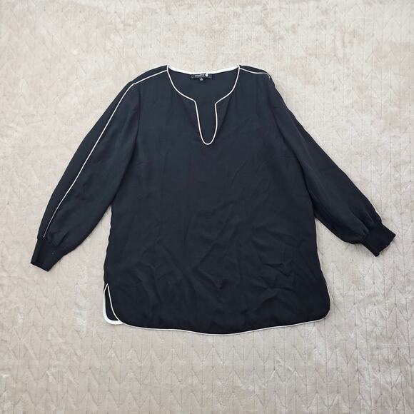 Lafayette 148 Blouse Medium Silk Piped Classic Knit Cuff Timeless Quiet Luxury - Picture 1 of 6